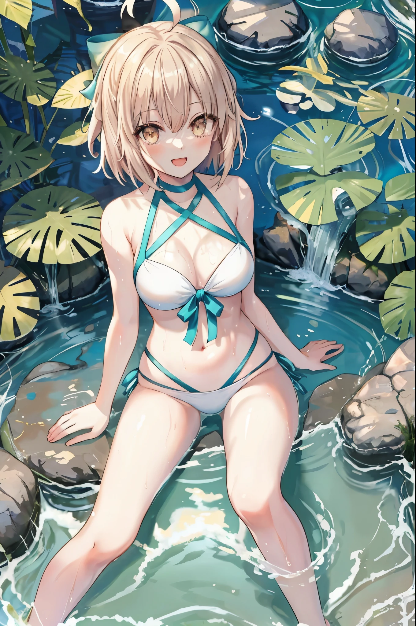 masterpiece, best quality,extremely detailed CG unity 8k wallpaper,
1girl,okita souji \(fate\), swimsuit,bikini,
smile,open_mouth,sitting,sunlight,splash_of_water,happy,gold_eyes,half_eyes,apart_legs,rising_knee,open_legs,covered_pussy,