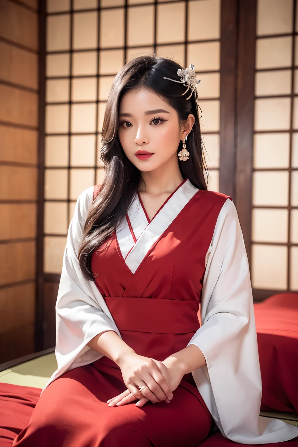 (ultra realistic 8k CG:1.2),perfect artwork,delicate pattern,intricate detail, (unparalleled masterpiece,best quality:1.2),(extremely intricate:1.2),a woman in a red and gold dress, hair stick,(sitting on red bed),Cosmetic,black_hair, (2 red candles), balinese_clothes, curtains, earrings, hair_ornament, hanfu, indoors, jewelry, red nails, long_sleeves, red dress, red lips, tassel, (Red quilt),(red palace:1.2),(ancient Japanese architecture),(red:1.8),night