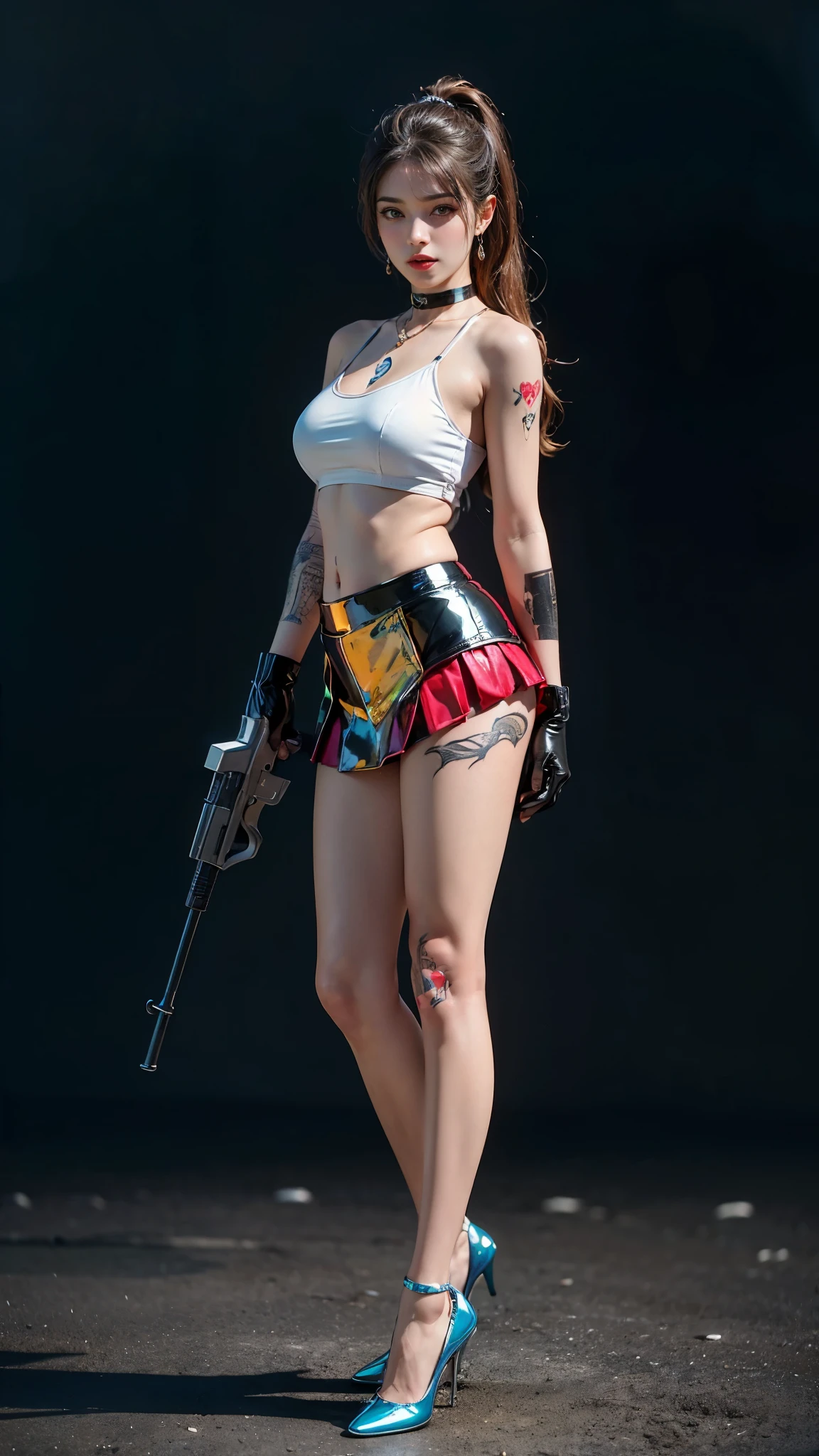 ((masterpiece:1.4)、(highest quality:1.4)、(realistic:1.7))、master piece:1.4、(Finest rendering:1.4)、(Female SWAT member of the Space Federation 73rd Division:1.4)、Super beautiful捜査官、(Written by Luis Royo:1.4)、(hold a gun:1.2)、body fit sexy uniform、(Luxurious shiny latex:1.4)、(navy blue sleeveless uniform jacket)、(underwear white sexy super ultra bikini)、(luxury red latex:1.4)、(red pleated mini skirt:1.4)、22 years old、(cute tattoo:1.4)、(wearing white gloves)、cute girl、Super beautiful、sharp focus、portrait photography:1.4、8k、realistic photo images:1.4、(perfect female body:1.4)、perfect proportions、(full body photography:1.4)、beautiful face、fearless look、beautiful eyes、narrow waist:1.4、(9 life size beautiful style girl:1.4)、(Beautiful girl with long legs and good style:1.4)、beautiful feet、(long hair:1.2)、beautiful breasts、big breasts:1.2、sexy butt、(standing facing forward:1.4)、Raw photo、red lips、red high heels:1.4、choker:1.4、necklace:1.4、earrings:1.4、1 screen display、Beautiful night view of cyberpunk city:1.2