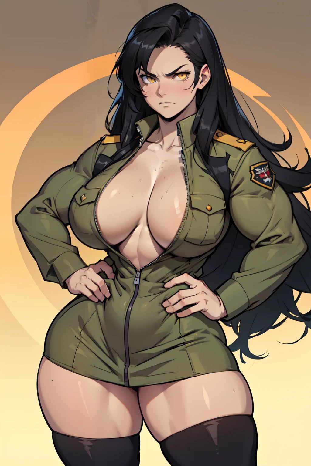 solo, 1 girl, (very long hair), black hair, angry, yellow eyes pale skin (wide hips thick thighs curvy muscular toned body bodybuilder huge ) (military uniform)