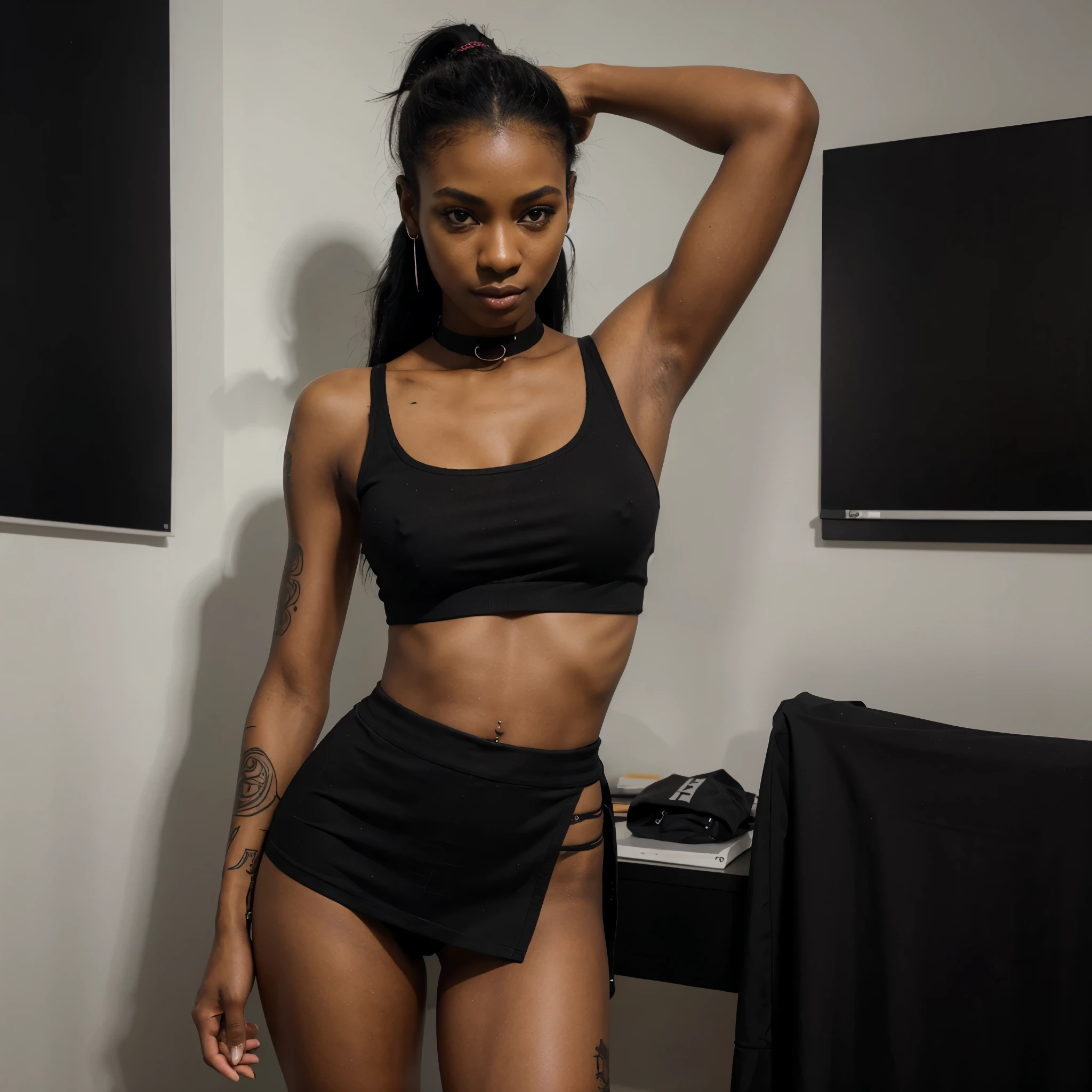 8k, RAW photo, best quality, ultra high resolution, (photorealistic), very realistic, realistic photo of skinny ebony girl tattoo artist, (skinny ebony girl, 20 years old, most beautiful ebony girl in the world, dark skin, black hair, ponytail hair, wearing black headband), in the tattoo studio, making a tattoo, tattoo artist, modern white interior, tattoo banners on the walls, bright white light, (full body picture), wearing black top, (black top), wearing black miniskirt, (black miniskirt), wearing black thigh band, (black thigh band), looking at viewer, smirking, (extremely detailed CG unity 8k wallpaper), Sharp focus, (bright light)
