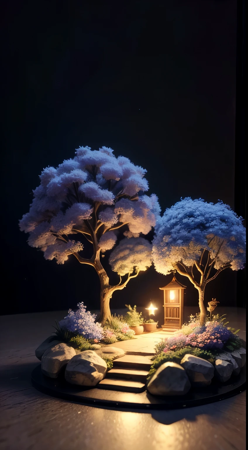 Magic garden miniature scene, branches with delicate flowers and soft lights, Illuminated by happy smiling miniatures. 8k Auto Realism
