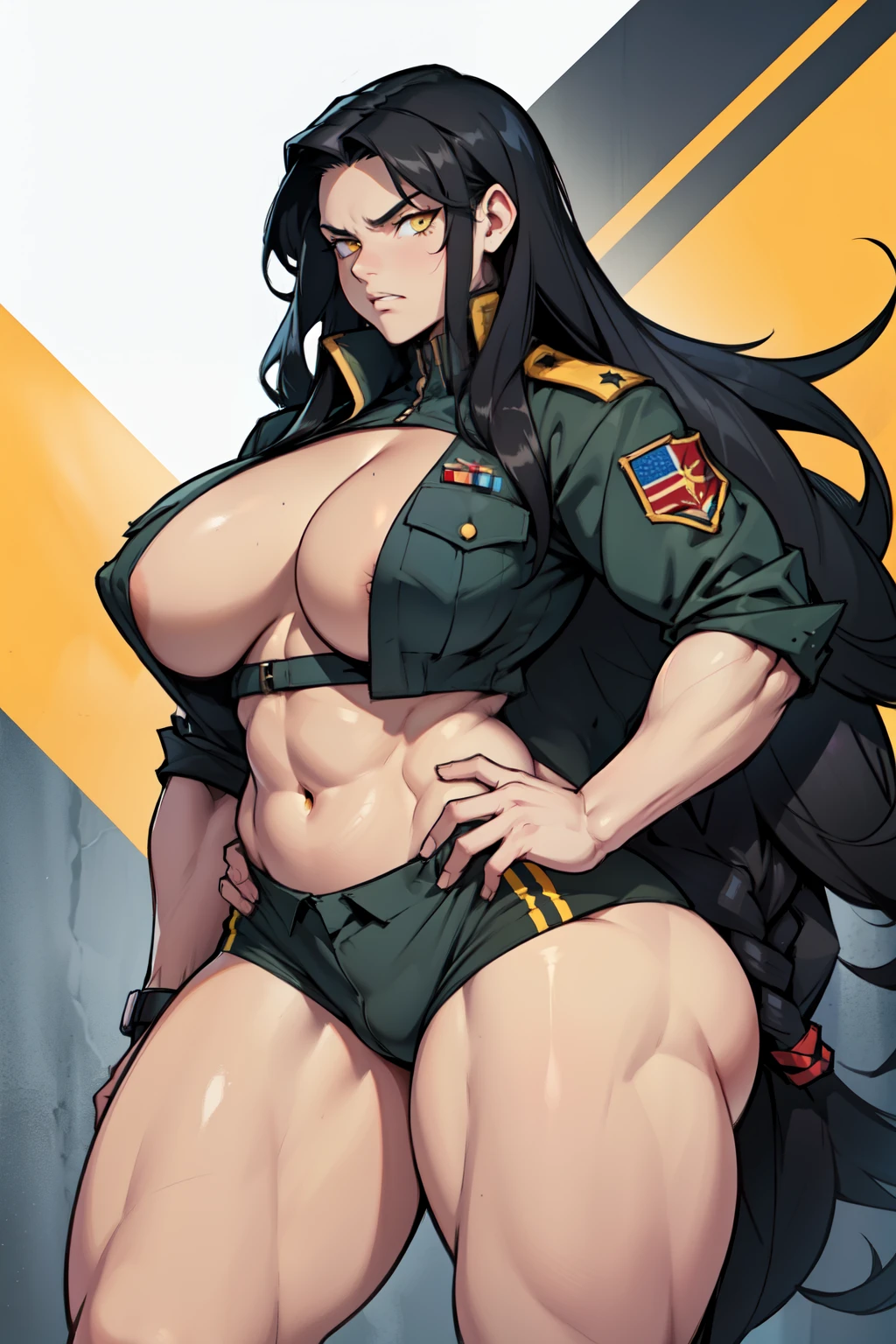 solo, 1 girl, (very long hair), black hair, angry, yellow eyes pale skin (wide hips thick thighs curvy muscular toned body bodybuilder huge tits) (military uniform)