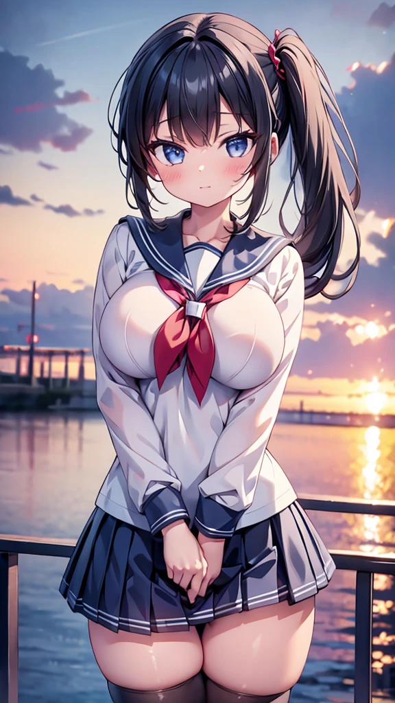 highest quality,wonderful,finely,extremely detailed CG Unity 8K wallpaper, (1 girl, black hair, side ponytail),(huge breasts:1.1),(sailor uniform:1.3), (black stockings:1.1),(Thighs:1.1),(constriction:1.1)