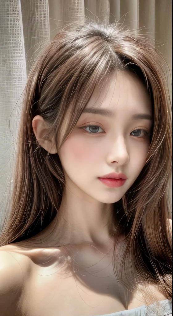 perfect figure beautiful woman:1.4,Layered Hair Style,Protruding cleavage:1.2,Wear only bandeau,Highly Detailed Face and Skin Textur,Narrow eyes,double eyelid,Whitens the skin,long whitr hair