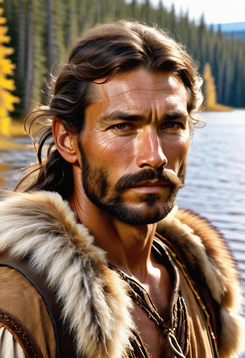 (highly detailed, soft light, detailed face, detailed skin, detailed eyes, photorealistic, dynamic light; cinematic); 1820's; 35 years old man; German-Native American mix; 1820's fur hunter; leadership figure; strikingly handsome; confident and intensely alluring; wild man; defined cheekbones; defined strong jawline; longer chin; handsome face; strapping; tough but romantically interested expression; masculine face; charismatic; grizzled; sensual; strong German nose; manly passionate air; very attractive; burly broad figure with strong shoulders; ruddy weathered skin; long stubble beard; natural blue eyes; thick strong chestnut-brown eyebrows; 1820's fur-trader's clothes; tousled chestnut-brown hair half up; full firm masculine lips; standing in 1820's Canadian riverside settlement with cold boreal forest in background; natural blue eyes; looking at camera