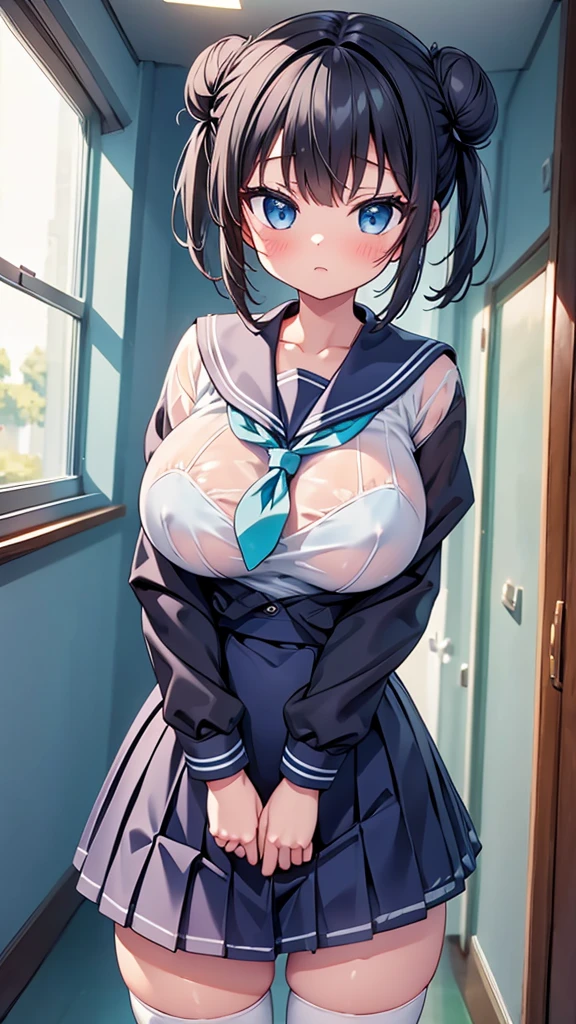 highest quality,wonderful,finely,extremely detailed CG Unity 8K wallpaper, (1 girl, black hair, double bun), (light blue striped bra:1.2), (see-through:1.3), (huge breasts:1.1),(sailor uniform:1.3), (zettai ryouiki:1.4)