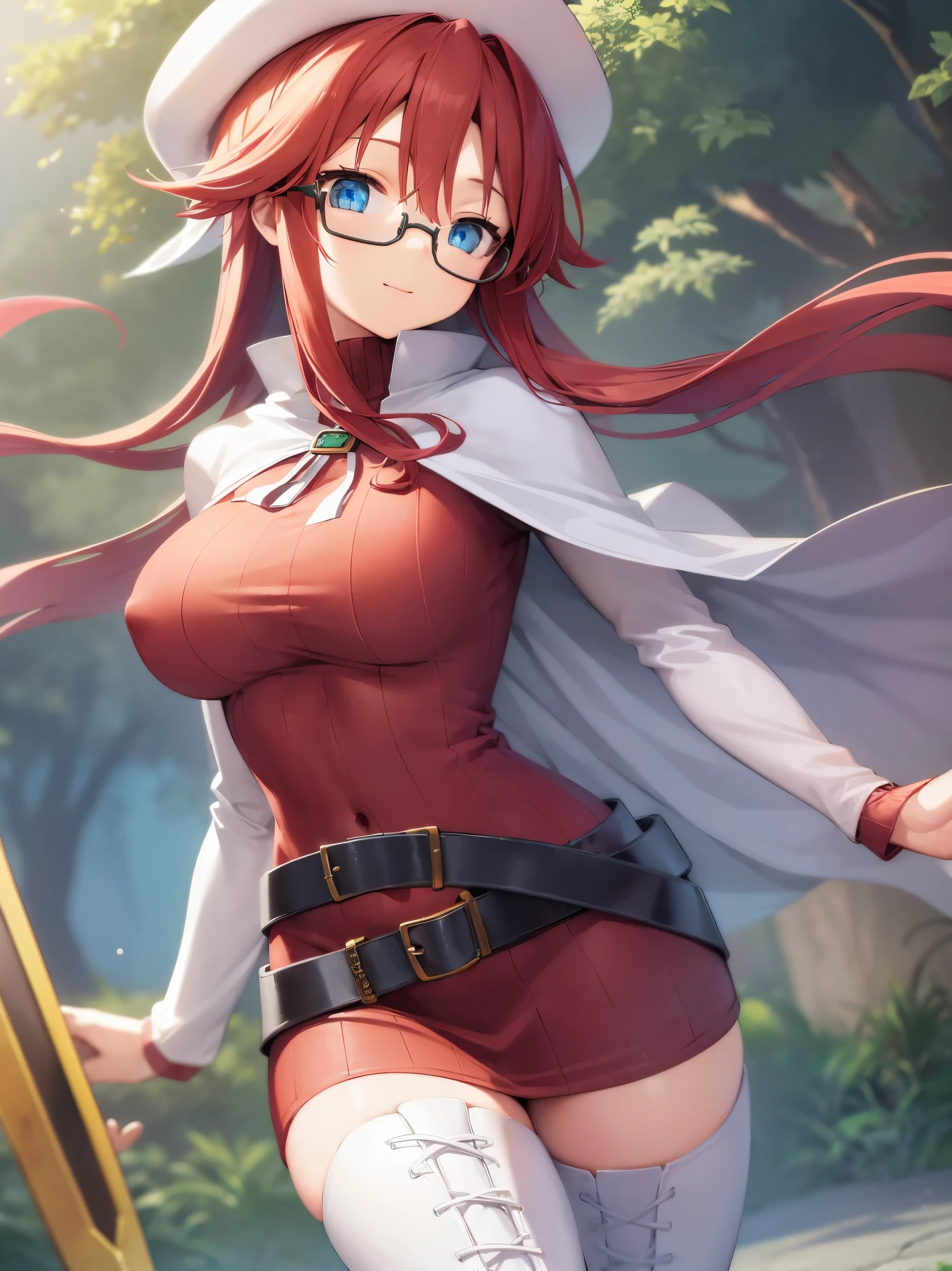 summonnightaty, aty, long hair, blue eyes, red hair, beret, hat, glasses,
BREAK long hair, thighhighs, hat, dress, boots, glasses, belt, cape, sweater, zettai ryouiki, beret, thigh boots, white footwear, ribbed sweater, loose belt,solo,
BREAK outdoors, fantasy,on_a_ship,
BREAK (masterpiece:1.2), best quality, high resolution, unity 8k wallpaper, (illustration:0.8), (beautiful detailed eyes:1.6), extremely detailed face, perfect lighting, extremely detailed CG, (perfect hands, perfect anatomy),covered_nipples,covered_navel,light_smile ,(half_eyes:1.4),sword,armpit,sleepy,dynamic_standing,barrel,red_sweater,apart_legs,magical_effect,pulmp,big_tits,