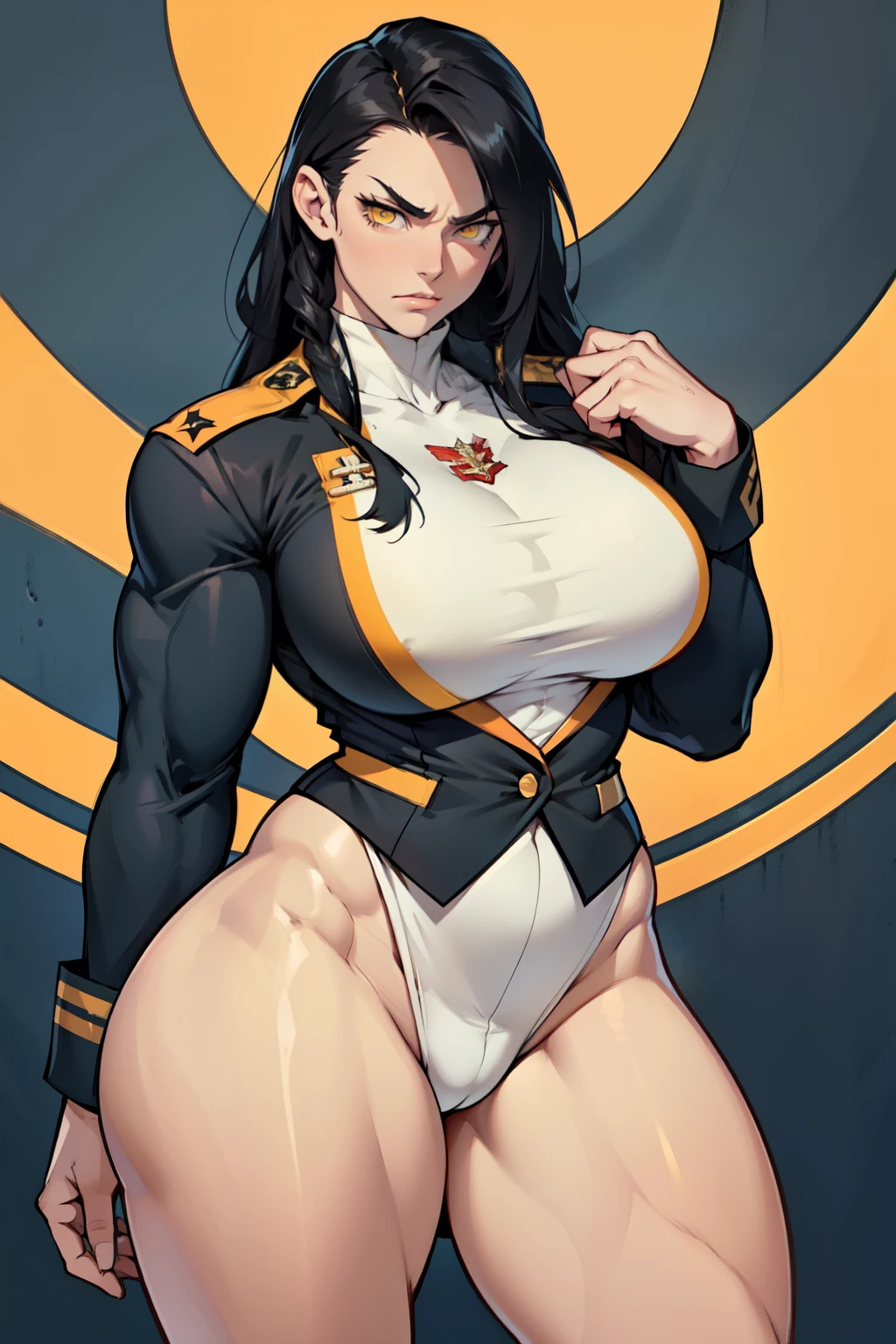 solo, 1 girl, (very long hair), black hair, angry, yellow eyes pale skin (wide hips thick thighs curvy muscular toned body bodybuilder huge ) (military uniform)