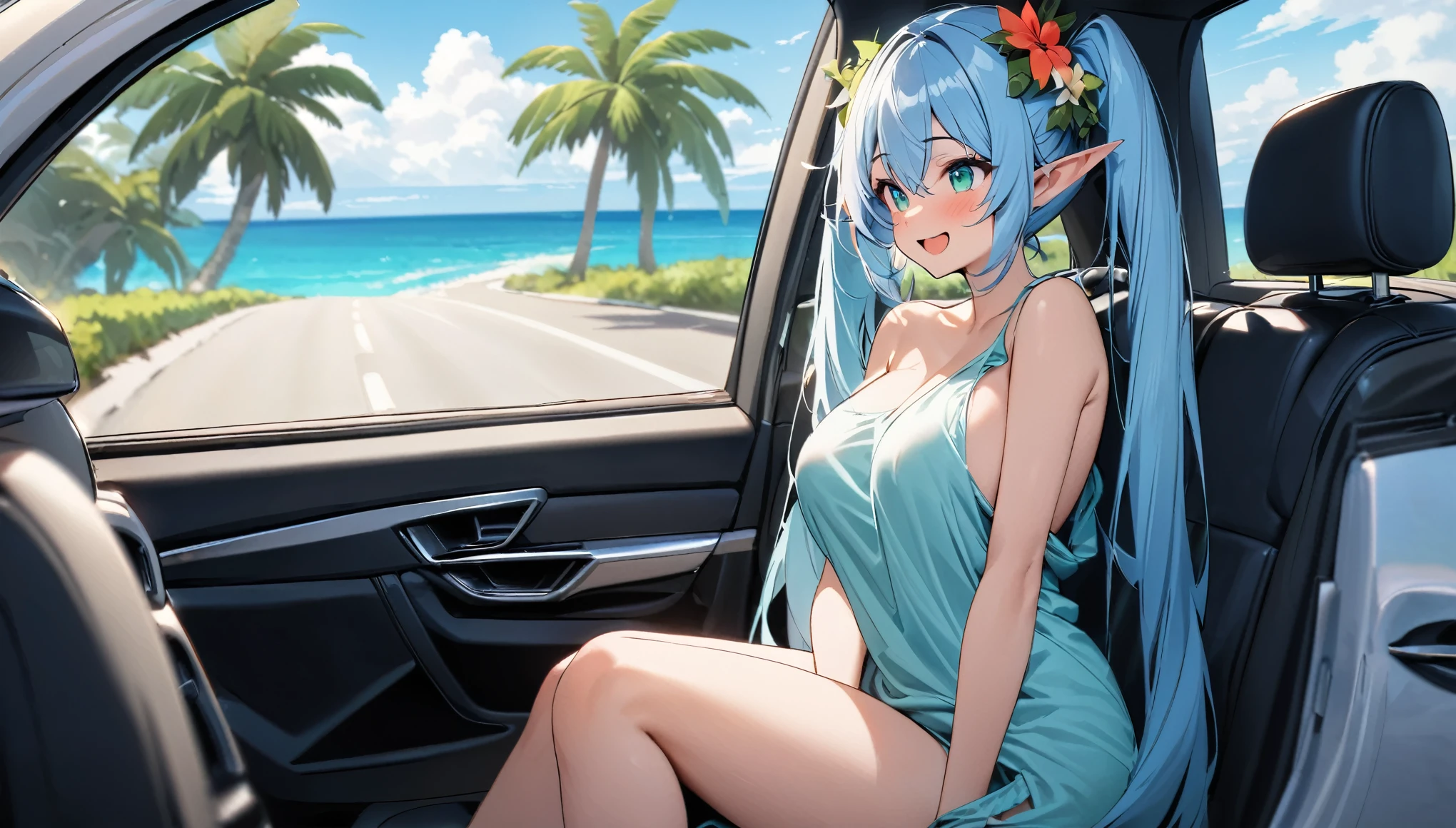  (masterpiece, best quality), 1 elven girl, ( bear breasts, thigh),  (light blue hair, twin tails ,very long hair is fluttering in the wind), hair between eyes, multi colored hair,hair flower ornament ,(blush, smile, aqua eyes), open mouth, elf dress,    
 ((((undone clothing)))),  (Open the front of the  dreaa chest very wide), large breasts, pointed ears, look from the side , (Cruising the highway in a car ) , (color of the car is white), ( the car has 2 seats), (the car has no roof), (passenger seat is left side in the car), (seating in the left seat in the car),  Palm trees line the shoreline 