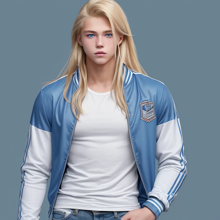 20 year old guy college student long blonde hair muscular build wearing football jacket white shirt blue jeans park background looking straight at viewer blue eyes