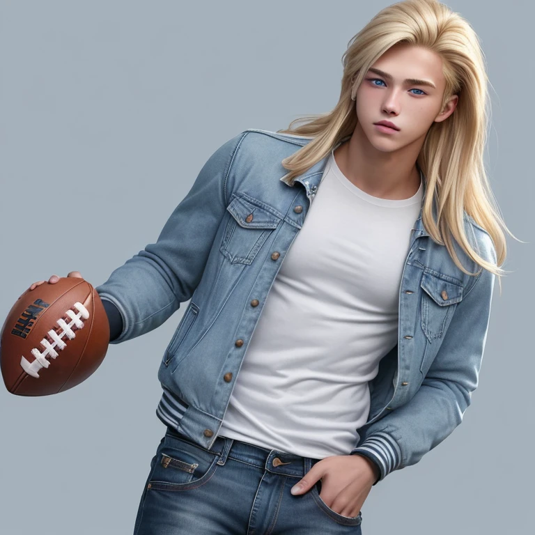 20 year old guy college student long blonde hair muscular build wearing football jacket white shirt blue jeans park background looking straight at viewer blue eyes