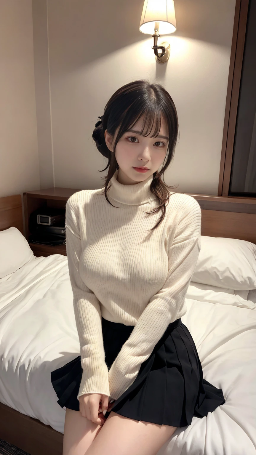 muste piece, best quality, illustration, Super detailed, fine details, High resolution, 8K,wall paper, perfect dynamic composition,(Details High quality, realistic depiction of eyes:1.3), Tight turtleneck sweater, pleated skirt, (ponytail), short bob hair, black hair color, Big Natural Color Lip, bold sexy pose, (perfect body shape), crying a little、cold gaze, Harajuku style、20 year old girl、cute type、lolita、beautiful legs, hotel room, hposing Gravure Idol, Voluptuous thighs