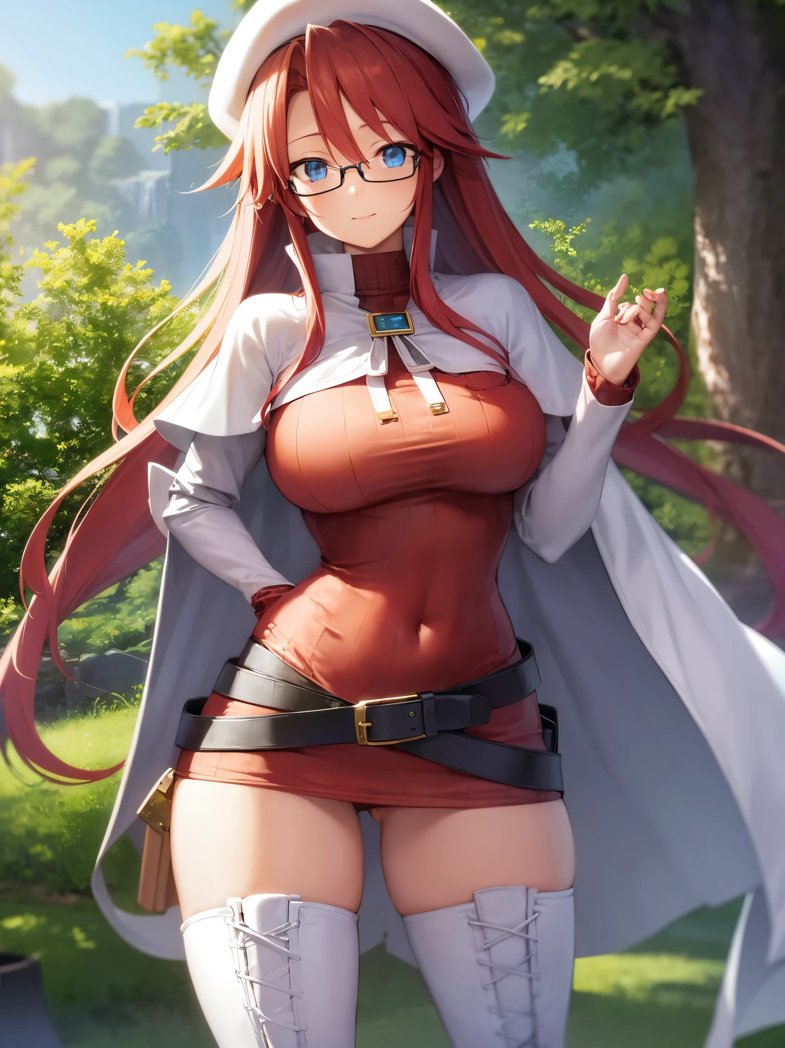 summonnightaty, aty, long hair, blue eyes, red hair, beret, hat, glasses,
BREAK long hair, thighhighs, hat, dress, boots, glasses, belt, cape, sweater, zettai ryouiki, beret, thigh boots, white footwear, ribbed sweater, loose belt,solo,
BREAK outdoors, fantasy,on_a_ship,
BREAK (masterpiece:1.2), best quality, high resolution, unity 8k wallpaper, (illustration:0.8), (beautiful detailed eyes:1.6), extremely detailed face, perfect lighting, extremely detailed CG, (perfect hands, perfect anatomy),covered_nipples,covered_navel,light_smile ,(half_eyes:1.4),sword,armpit,sleepy,dynamic_standing,barrel,red_sweater,apart_legs,magical_effect,pulmp,big_tits,