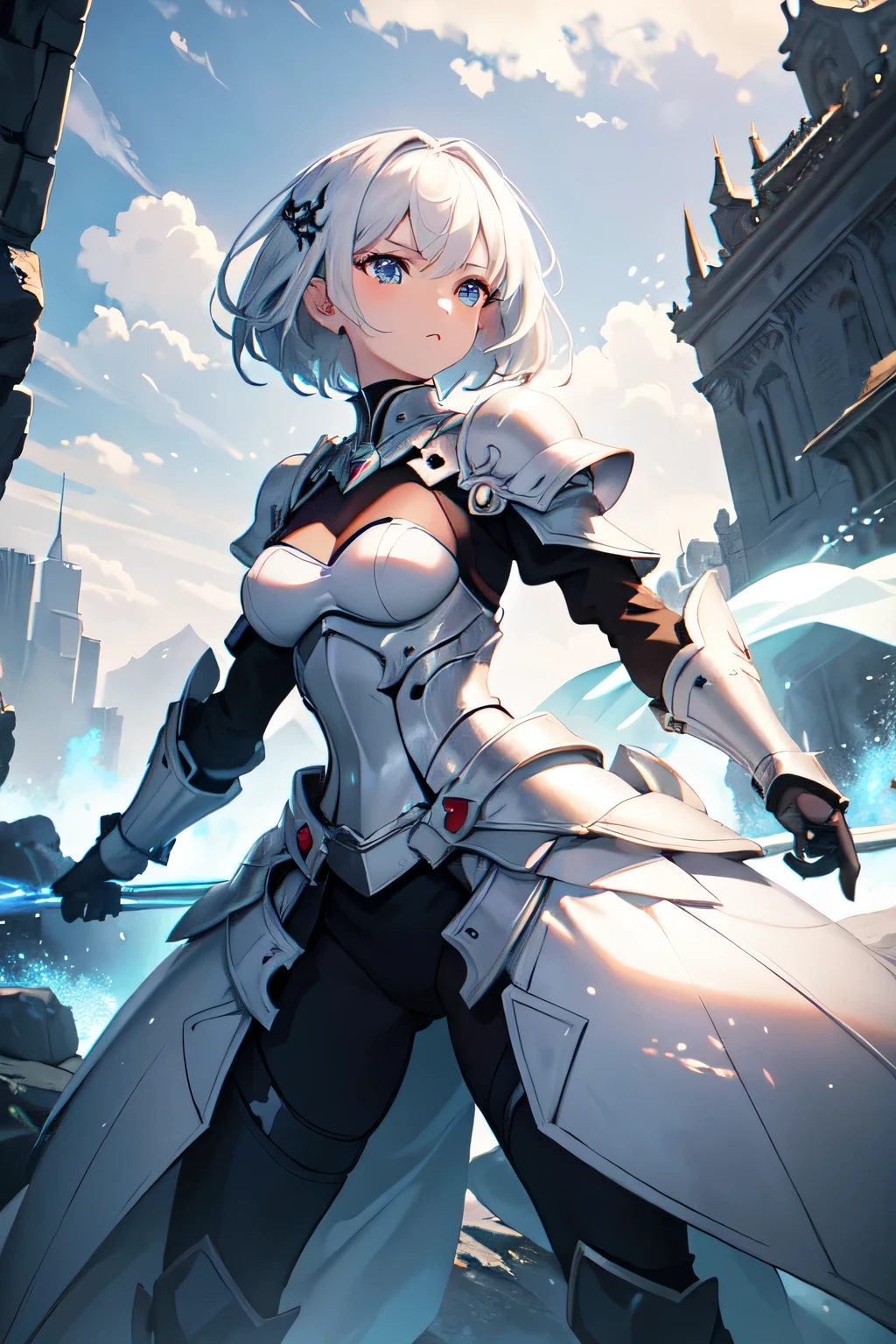 masterpiece, best quality, wide-angle, Hyperdetailed, masterpiece, best quality, 8k, natural lighting, soft lighting, sunlight, HDR (High Dynamic Range), Maximum Clarity And Sharpness, Multi-Layered Textures, colorful, 1girl, sole girl, beautiful anime girl, full_body, short_hair, platinum_hair, light_blue_eyes, white_dress, (small breasts), (serious face), ((armored dress)), (battle pose)