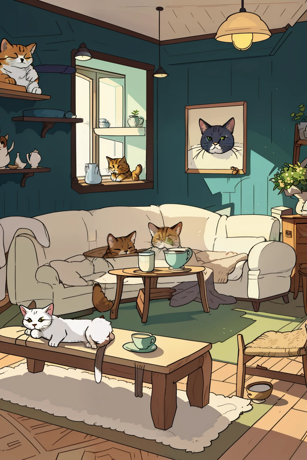 In the cozy cat cafe, the Scandinavian minimalistic interior design exudes a hygge comfort vibe. Soft natural lighting pours through the large windows, casting gentle shadows on the pastel-colored walls. Assorted cats can be found lounging and playing on the wooden furniture, their soft purrs filling the air with a subtle sense of chaos. Wood accents add warmth to the space, creating a sense of nostalgia and homeliness. Intricate latte art adorns the tables, adding a touch of elegance to the scene. The gentle chaos of the purring felines contrasts with the quiet simplicity of the interior design, making for a truly unique and enjoyable atmosphere