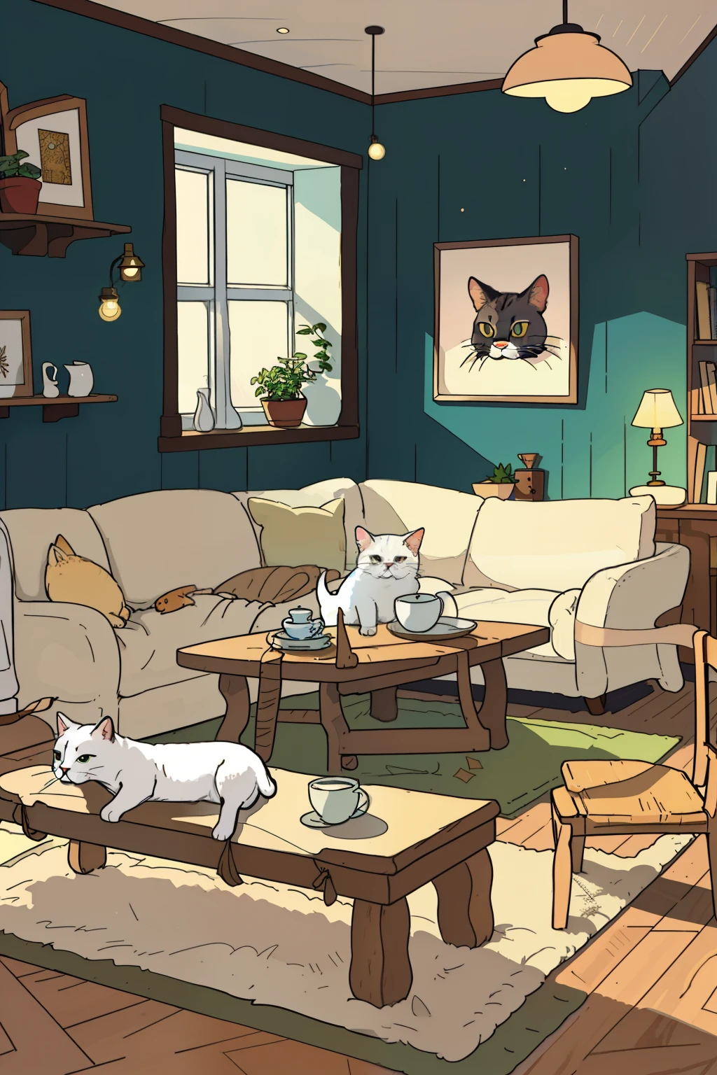 In the cozy cat cafe, the Scandinavian minimalistic interior design exudes a hygge comfort vibe. Soft natural lighting pours through the large windows, casting gentle shadows on the pastel-colored walls. Assorted cats can be found lounging and playing on the wooden furniture, their soft purrs filling the air with a subtle sense of chaos. Wood accents add warmth to the space, creating a sense of nostalgia and homeliness. Intricate latte art adorns the tables, adding a touch of elegance to the scene. The gentle chaos of the purring felines contrasts with the quiet simplicity of the interior design, making for a truly unique and enjoyable atmosphere