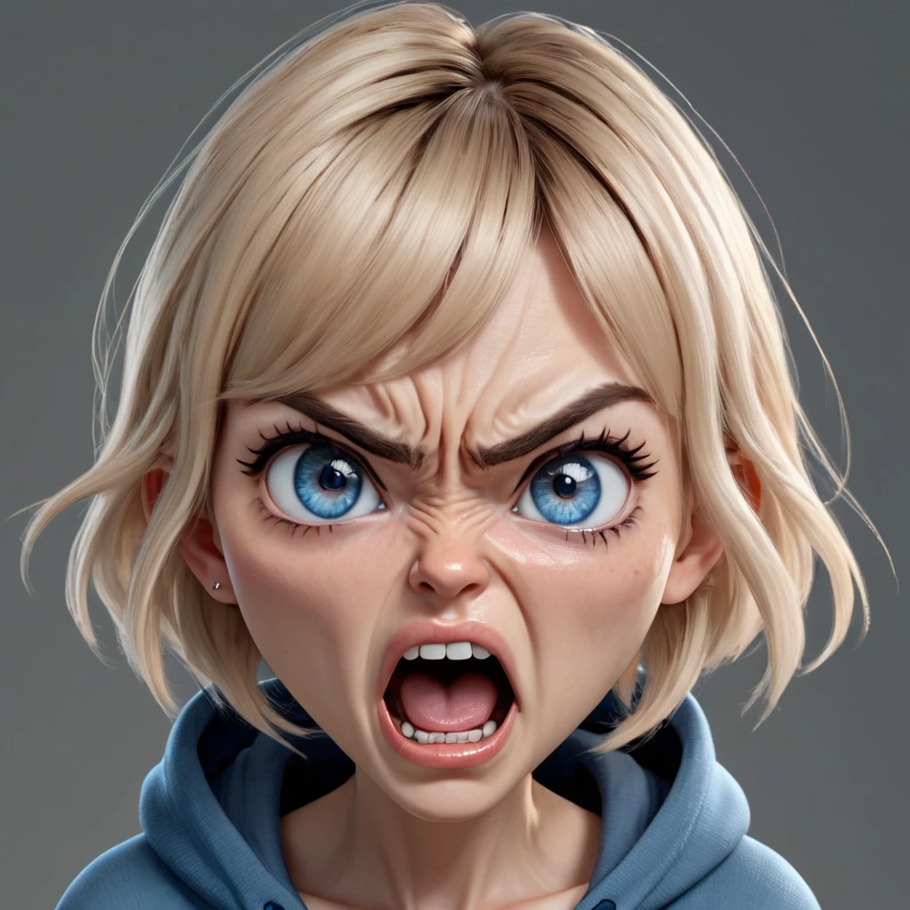 (((angry, Mouth open, angry brow, scream, blue eyes))), ((chibi)), portrait, (screaming open mouth), (blue hoodie), wrinkles near the nose, (simple gray background), girl, Young adult, [Nordic:Icelandic:0.5], age 25, Hourglass body, perfect Olive skin, big Oval Face, Long neck, Rounded shoulders, slim fitness arms, Attached Pointed ears, Short blonde Beach Waves pixie haircut Parting centre hair, snub nose, High Round Narrow cheekbones, Dimpled Cheeks, Rounded Chin, Nude Makeup Look, long eyelashes, third breast size, 8k, vray, IMax, hyperrealism, perfect light, bokeh Carl Zeiss 85mm, small depth of field, photorealistic, masterpiece, high resolution, best quality, cinematic shot, ultra-detailed, super realistic, Hyperrealistic art, high-quality, ultra high res, highest detailed, lot of details, Extremely high-resolution details, photographic, realism pushed to extreme, incredibly lifelike, atmospheric perspective (focus on face), realistic skin, soft light, detailed skin, colourful, soft cinematic light, (perfect skin),