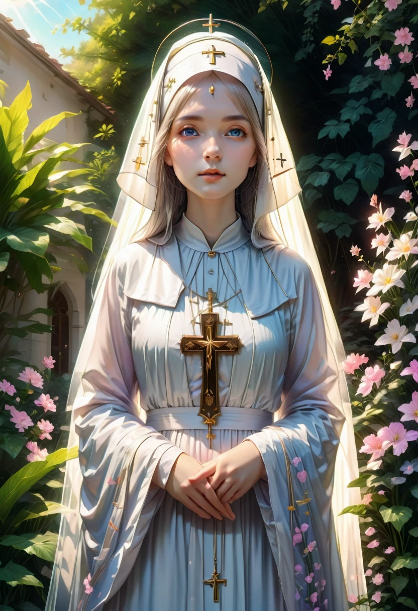 1girl, nun, dark robes, holy cross, serene expression, peaceful garden, soft sunlight, quiet atmosphere, sacred surroundings, (best quality, 4k, 8k, highres, masterpiece:1.2), ultra-detailed, painting-like, soft pastel colors, gentle lighting, aesthetic