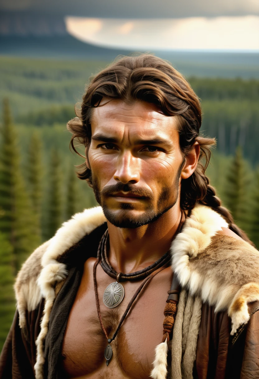 (highly detailed, soft light, detailed face, detailed skin, detailed eyes, photorealistic, dynamic light; cinematic); 1820's; 35 years old man; German-Native American mix; 1820's fur hunter; leadership figure; strikingly handsome; confident and intensely alluring; wild man; defined cheekbones; defined strong jawline; longer chin; handsome face; strapping; tough but romantically interested expression; masculine face; charismatic; grizzled; sensual; strong German nose; manly passionate air; very attractive; burly broad figure with strong shoulders; ruddy weathered skin; long stubble beard; natural dark-blue eyes; thick strong chestnut-brown eyebrows; 1820's fur-trader's clothes; 1820's leather necklace; tousled chestnut-brown hair half up; full firm masculine lips; 1820's Red River Settlement with boreal forest in background; natural dark-blue eyes; looking at camera