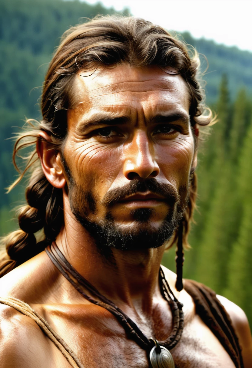 (highly detailed, soft light, detailed face, detailed skin, detailed eyes, photorealistic, dynamic light; cinematic); 1820's; 35 years old man; German-Native American mix; 1820's fur hunter; leadership figure; strikingly handsome; confident and intensely alluring; wild man; defined cheekbones; defined strong jawline; longer chin; handsome face; strapping; tough but romantically interested expression; masculine face; charismatic; grizzled; sensual; strong German nose; manly passionate air; very attractive; burly broad figure with strong shoulders; ruddy weathered skin; long stubble beard; natural dark-blue eyes; thick strong chestnut-brown eyebrows; 1820's fur-trader's clothes; 1820's leather necklace; tousled chestnut-brown hair half up; full firm masculine lips; 1820's Red River Settlement with boreal forest in background; natural dark-blue eyes; looking at camera