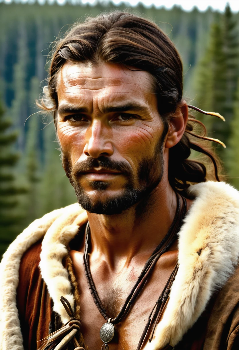 (highly detailed, soft light, detailed face, detailed skin, detailed eyes, photorealistic, dynamic light; cinematic); 1820's; 35 years old man; German-Native American mix; 1820's fur hunter; leadership figure; strikingly handsome; confident and intensely alluring; wild man; defined cheekbones; defined strong jawline; longer chin; handsome face; strapping; tough but romantically interested expression; masculine face; charismatic; grizzled; sensual; strong German nose; manly passionate air; very attractive; burly broad figure with strong shoulders; ruddy weathered skin; long stubble beard; natural dark-blue eyes; thick strong chestnut-brown eyebrows; 1820's fur-trader's clothes; 1820's leather necklace; tousled chestnut-brown hair half up; full firm masculine lips; 1820's Red River Settlement with boreal forest in background; natural dark-blue eyes; looking at camera