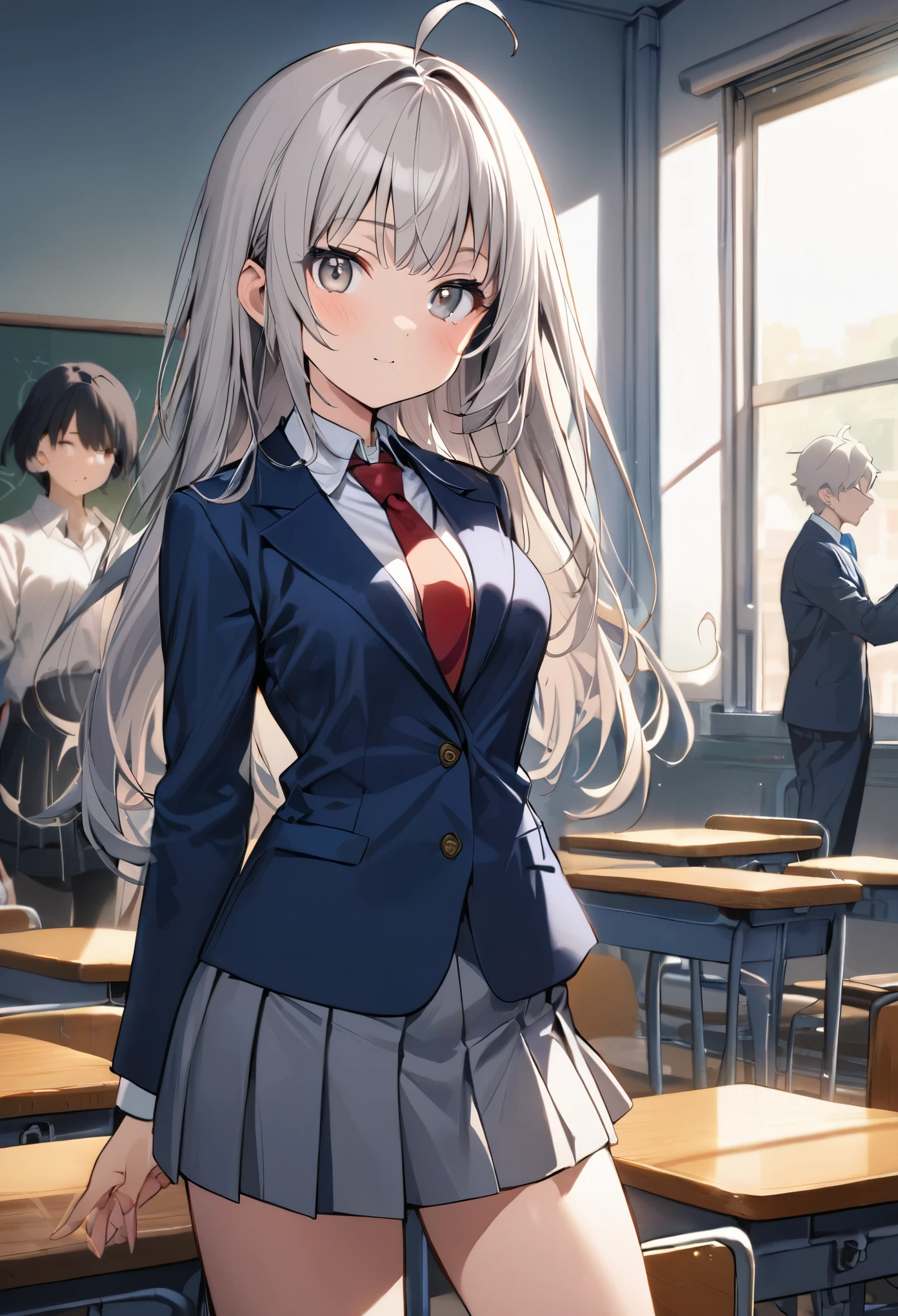 1girl, tall body, high school student, suit, dark blue suit jacket, white shirt, red ribbon necktie, grey pleated skirt, miniskirt, bare legs, white socks, brown shoes, light grey hair, hazel eyes, shoulder-length hair, bangs, ahoge, beautiful detailed eyes, beautiful detailed face, cute face, medium breasts, perfect hands, complete fingers, perfect anatomy, perfect proportions, age 18, solo, solo focus, standing, classroom backdrop, warm lighting