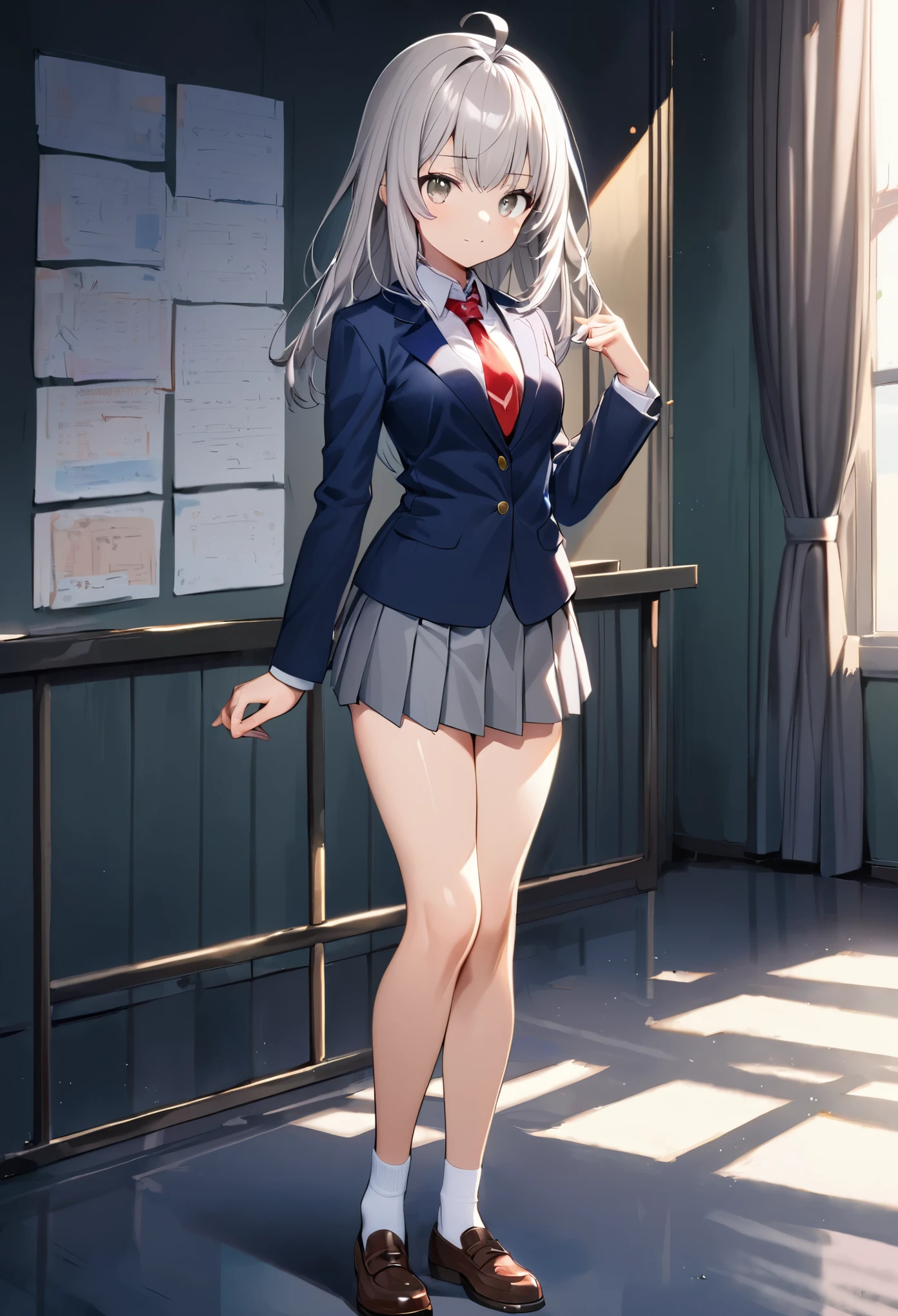 1girl, tall body, high school student, suit, dark blue suit jacket, white shirt, red ribbon necktie, grey pleated skirt, miniskirt, bare legs, white socks, brown shoes, light grey hair, hazel eyes, shoulder-length hair, bangs, ahoge, beautiful detailed eyes, beautiful detailed face, cute face, medium breasts, perfect hands, complete fingers, perfect anatomy, perfect proportions, age 18, solo, solo focus, standing, classroom backdrop, warm lighting