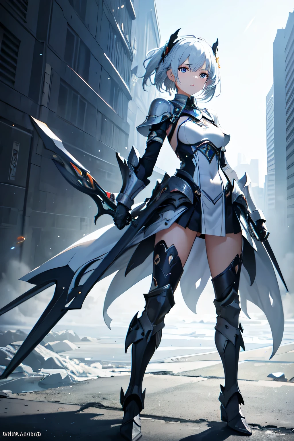 masterpiece, best quality, wide-angle, Hyperdetailed, masterpiece, best quality, 8k, natural lighting, soft lighting, sunlight, HDR (High Dynamic Range), Maximum Clarity And Sharpness, Multi-Layered Textures, colorful, 1girl, sole girl, beautiful anime girl, full_body, short_hair, platinum_hair, light_blue_eyes, white_dress, (small breasts), (serious face), ((armored dress)), (battle pose)