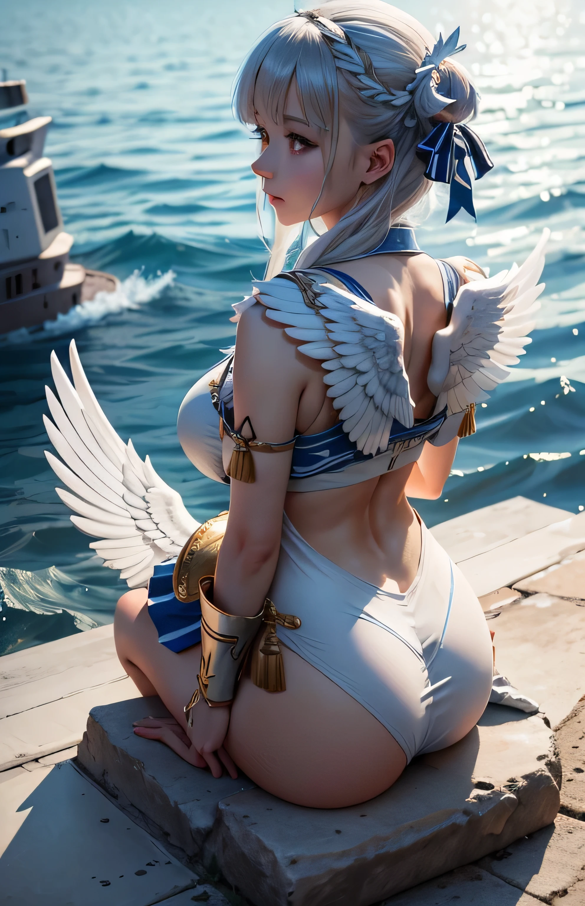 Greek warships、She has white angel wings on her back