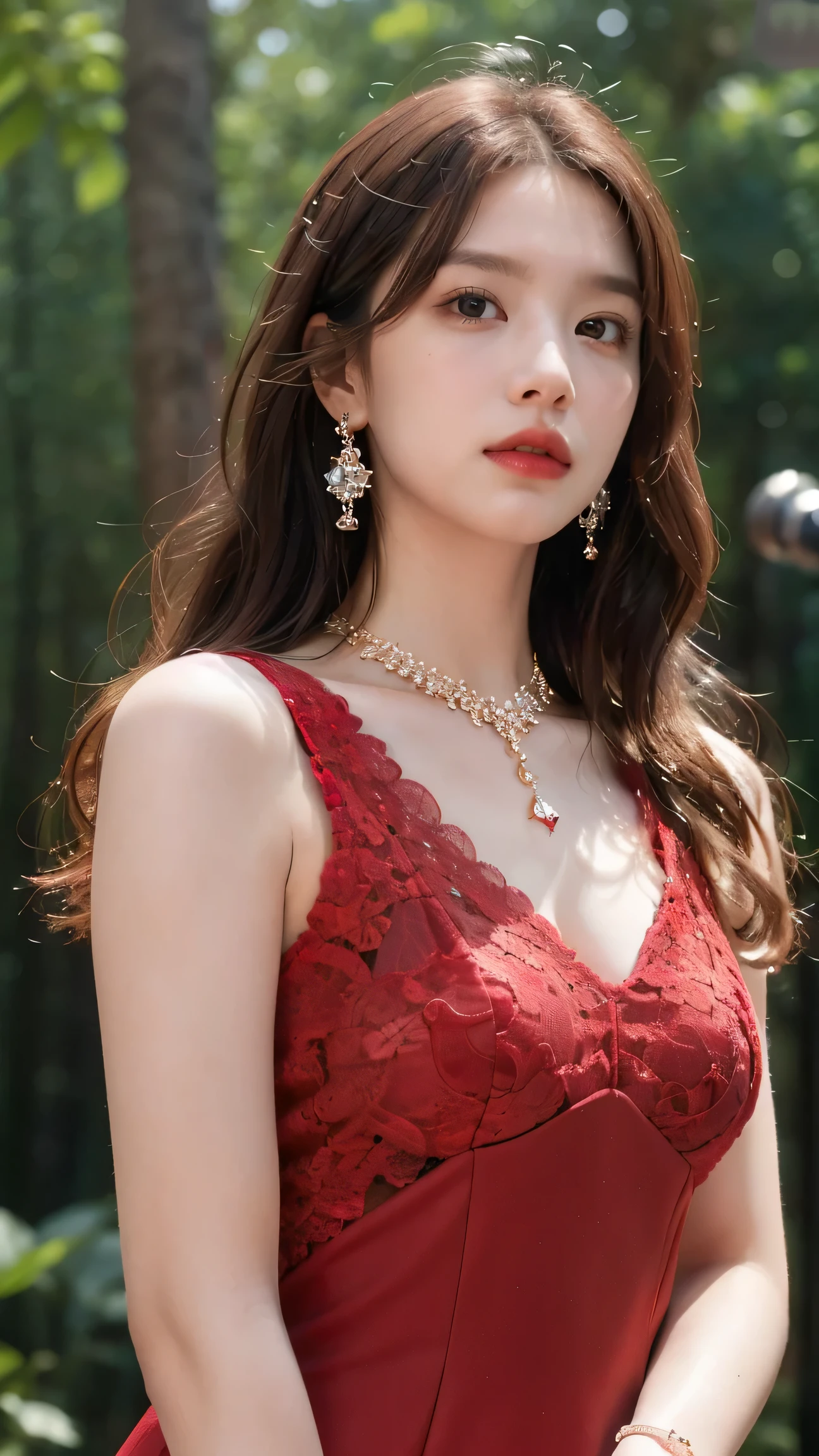 8k, masterpiece, 1 girl, beautiful face, white skin, very long hair, light makeup, detailed eyes, detailed lips, small breasts tight, realistic detailed, very detailed dress, princess dress, (red dress:1.2), (wearing jewellery:1.5), (lace:1.4), at the stage background, attractive poses,forest background, green background, Half body shot, 