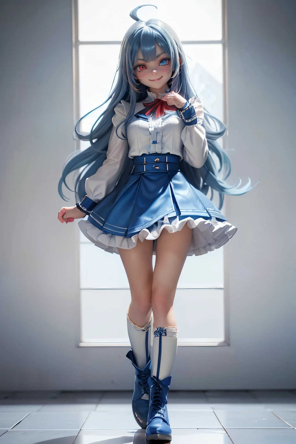 (1 cute girl), (indigo blue hair:1.1), long hair, (parted bangs), (gold hairpin:1.1), (heterochromia:1.2),(red eye and blue eye:1.2), (half-closed eyes), (evil grin:1.1), smile, White and blue blouse, white collar with ruffles, blue frills skirt, (Heeled leather boots), Standing, (full body), character sheet, (simple white background)