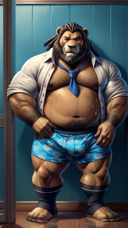 (by dramamine, by haps), mature male, eye scar, old chubby lion, (Brown fur:1.2),middle-age,((black short hair)),((facial beard)),(hi res, best quality, high quality, detailed, shaded, shading, masterpiece:1.2), detailed eyes, detailed clothing, smirk, seductive smile, hairy chest, glasses,inside office,(blue pattern boxers:1.4), (white Open shirt:1.5), (necktie removed),(black socks:1.2),Crie um Pokémon unity Lucario Pikachu,photograph of two bearded gypsy men prisoners, wet, sweaty, strong, chubby, hugging very closely, 31 anos de idade em shorts sujos rasgados e quebrados, protuberance, barba, in a dark prison , Dreadlocks, tatuagem, olhando um para o outro, grande , sujo, feio, beef neck, muscular, peito viril, Sem camisa, misery and poverty, fotorrealista, luz difusa, ultradetalhado, 32k, view from the floor just chubby, gordinho, coxas extremamente grossas, barriga grande, wearing only swimming trunks. Masturbando, erotic sex, sexo selvagem, sexo a dois, sexo anal, sexo oral, parceiros em ato sexual. Pornografia, varied photography angles