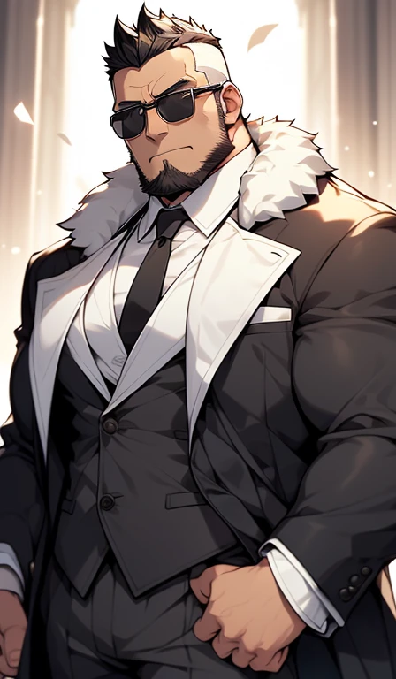 Fat grandpa，fat and strong，black sunglasses，black hair，Mohawk hairstyle，white fur，black suit。