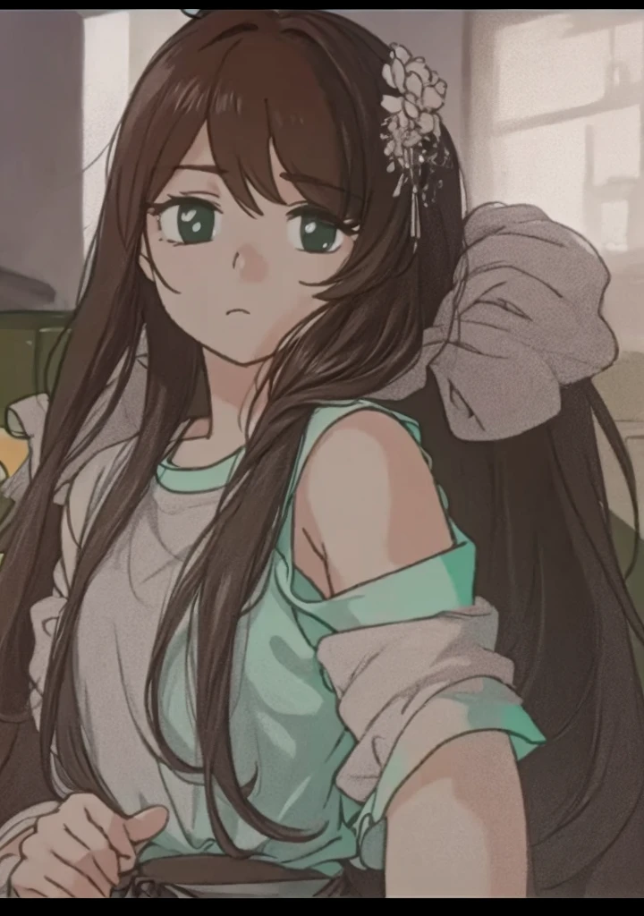 A beautiful woman with long hair is standing with a sad expression。