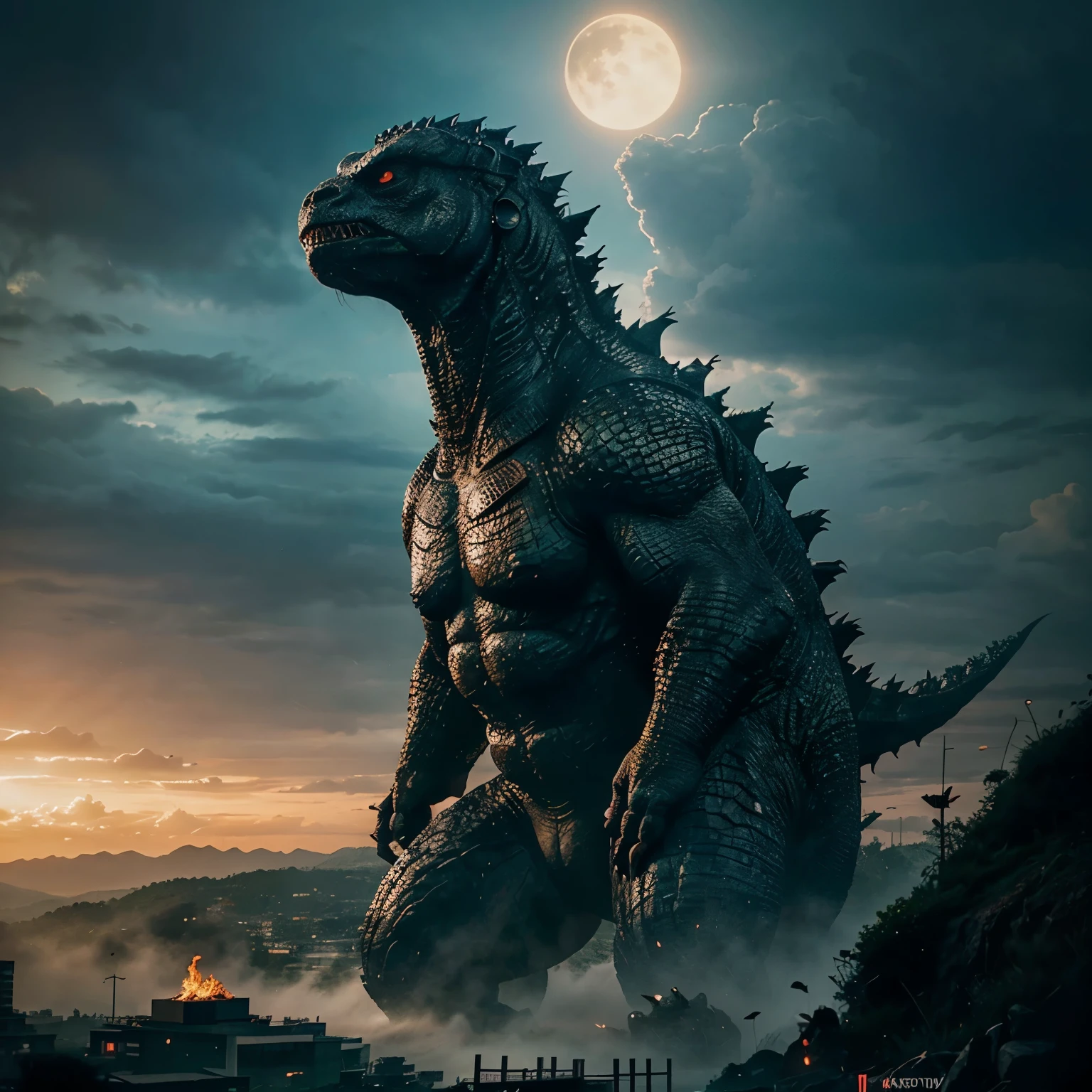 Buat kan ilustrasi godzilla digabungkan dengan king kong