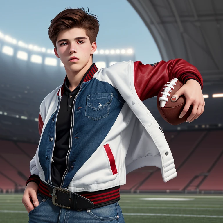 20 year old boy red American football jacket with white short brown hair brown eyes blue jeans black belt looking straight at the viewer background of an American football field slim muscular build 