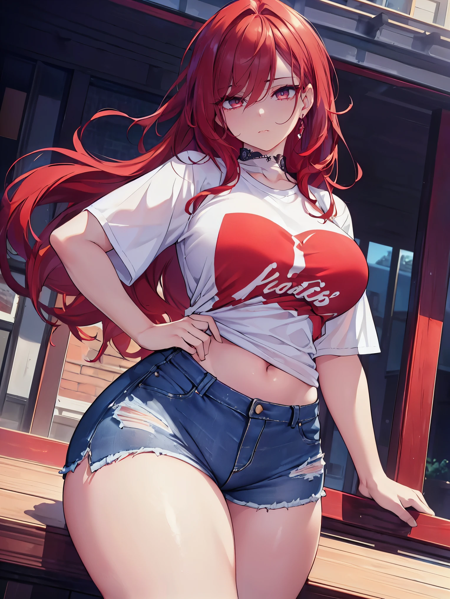 (UHD, masterpiece, textured skin, super details, high details, high quality, best quality), detailed face, 1 woman, mature beautiful woman, ((wide hips, thick thighs)), red eyes, ((red hair long and smooth) ), (t-shirt with broad shoulders), (jean shorts) standing