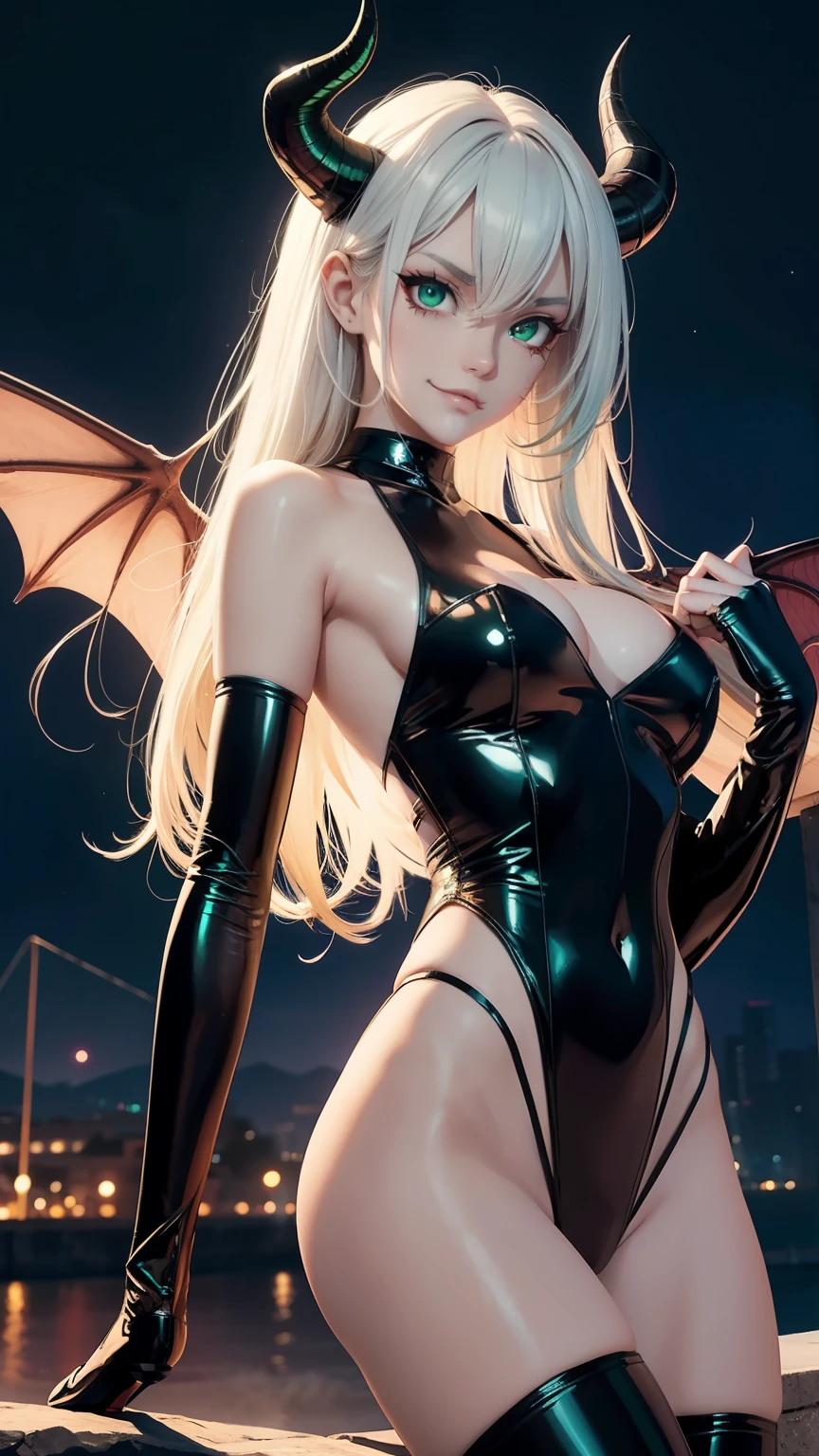 supermodel as succubus, demon girl, long legs, athletic legs, fit body, busty, teardrop , horns, long hair, movie screenshot , masterpiece, character, 1girl, beautiful eyes, detailed eyes, grin, fine face, (green eyes:1.2), beautiful night sky background, calm moonlight glow