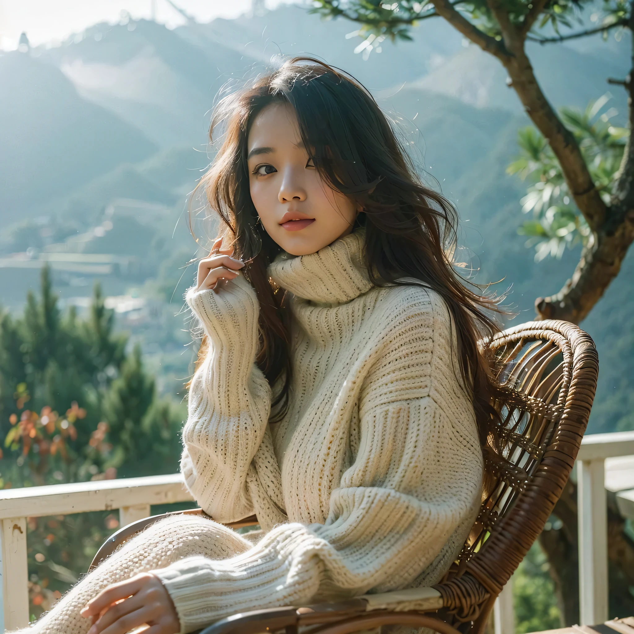 20s Indonesian beauty woman with long hair flaps style , sitting on a chair in sitting on the rooftop of a pine forest mountain villa , in a breezy spring day , wearing turtleneck sweater . Bright sunlight streams between the trees delicate vines, casting wavering shadows on the woman's face . serene a pine forest mountain view , with the lake visible from a distance , enjoying the warm sunshine around her and the light breeze ruffling her hair, golden hour , sharp focus , graceful smile , graceful pose , high-quality , exotic , vibrant, tranquil , skin texture , detailed face ,ultra detailed background , hight resolution, dreamy lighting