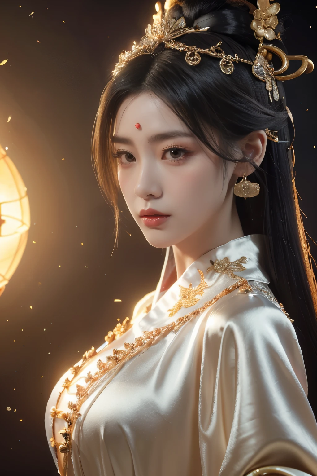 Game art，The best picture quality，Highest resolution，8K，((A bust photograph))，((Portrait))，((Head close-up))，(Rule of thirds)，Unreal Engine 5 rendering works， (The Girl of the Future)，(Female Warrior)， 22 year old girl，(Ancient Chinese women)，(Rainbow hair，Ancient Oriental hairstyle)，((The pupils of the red eyes:1.3))，(A beautiful eye full of detail)，(Big breasts)，(Eye shadow)，Elegant and charming，indifferent，((Anger))，(A silk coat with ancient Chinese style，Bellyband，The clothes are decorated with patterns with Chinese characteristics，A flash of jewellery，White)，(The clothes are made of silk:1.5)，figure，fantasy style， photo poses，city background，Movie lights，Ray tracing，Game CG，((3D Unreal Engine))，OC rendering reflection pattern