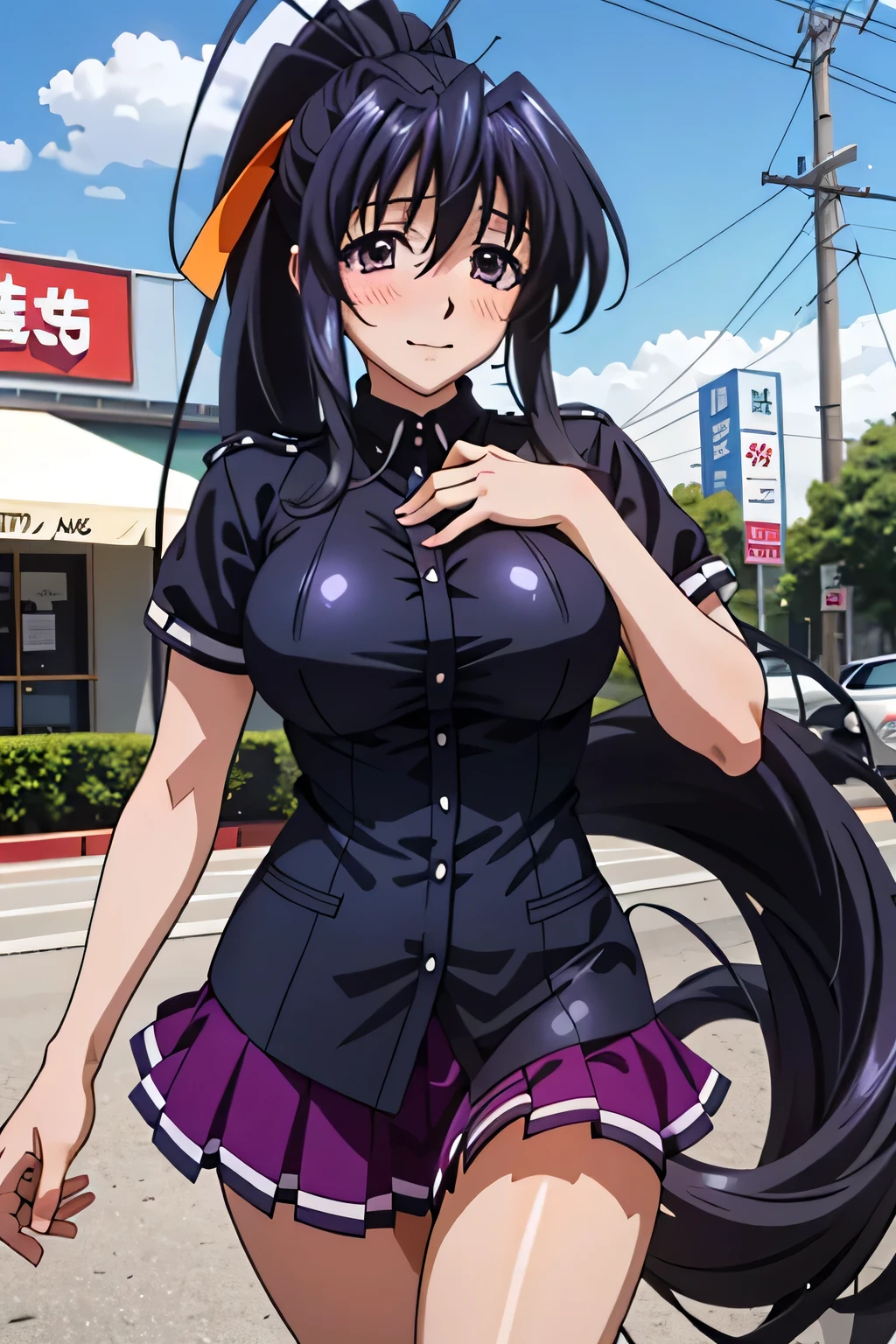 Himejima Akeno、long hair、blush、embarrassed face、one person、miniskirt police