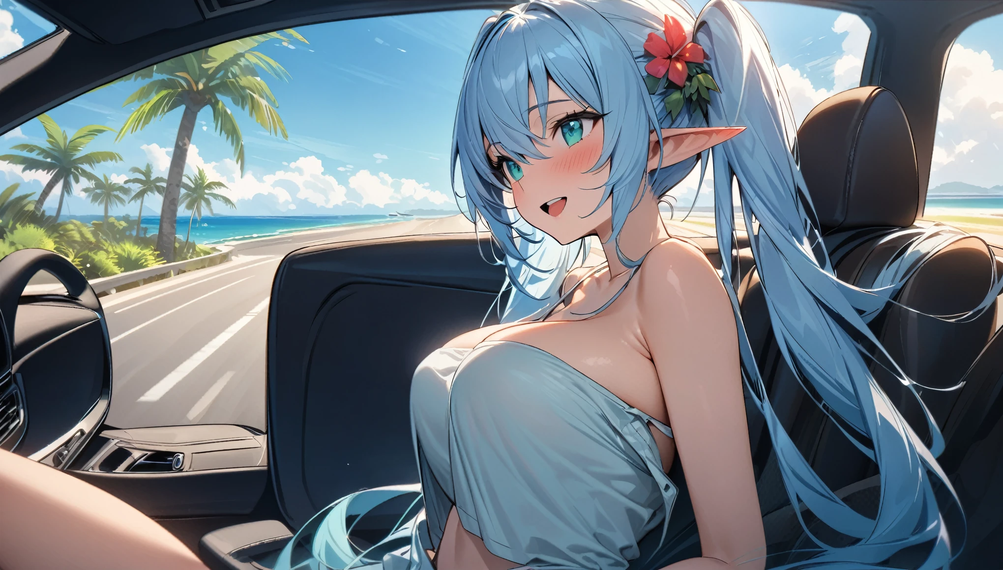  (masterpiece, best quality), 1 elven girl, ( bear breasts, thigh),  (light blue hair, twin tails ,very long hair is fluttering in the wind), hair between eyes, multi colored hair,hair flower ornament ,(blush, smile, aqua eyes), open mouth, elf dress,    
 ((((undone clothing)))),  (Open the front of the  dreaa chest very wide), large breasts, pointed ears, look from the side , (Cruising the highway in a car ) , (color of the car is white), ( the car has 2 seats), (the car has no roof), (passenger seat is left side in the car), (seating in the left seat in the car),  Palm trees line the shoreline 