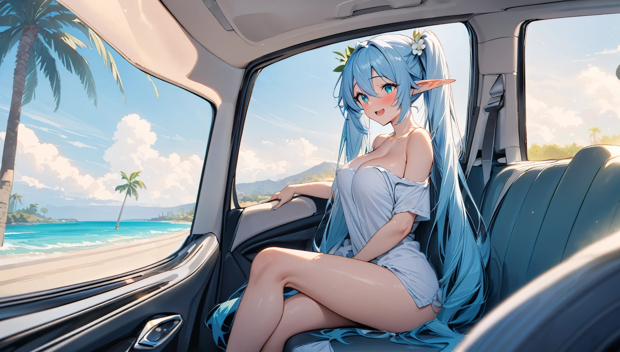 (masterpiece, best quality), 1 elven girl, ( bear breasts, thigh), (light blue hair, twin tails ,very long hair is fluttering in the wind), hair between eyes, multi colored hair,hair flower ornament ,(blush, smile, aqua eyes), open mouth, elf dress,
((((undone clothing)))), (Open the front of the dreaa chest very wide), large breasts, pointed ears, look from the side , (Cruising the highway in a car ) , (color of the car is white), ( the car has 2 seats), (the car has no roof), (passenger seat is left side in the car), (seating in the left seat in the car), Palm trees line the shoreline