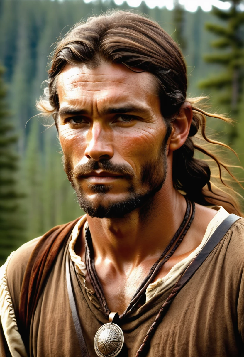 (highly detailed, soft light, detailed face, detailed skin, detailed eyes, photorealistic, dynamic light; cinematic); 1820's; 35 years old man; German-Native American mix; 1820's fur hunter; leadership figure; strikingly handsome; confident and intensely alluring; wild man; defined cheekbones; defined strong jawline; longer chin; handsome face; strapping; tough but romantically interested expression; masculine face; charismatic; grizzled; sensual; strong German nose; manly passionate air; very attractive; burly broad figure with strong shoulders; ruddy weathered skin; long stubble beard; natural dark-blue eyes; thick strong chestnut-brown eyebrows; 1820's fur-trader's clothes; 1820's leather necklace; tousled chestnut-brown hair half up; full firm masculine lips; 1820's Red River Settlement with boreal forest in background; natural dark-blue eyes; looking at camera