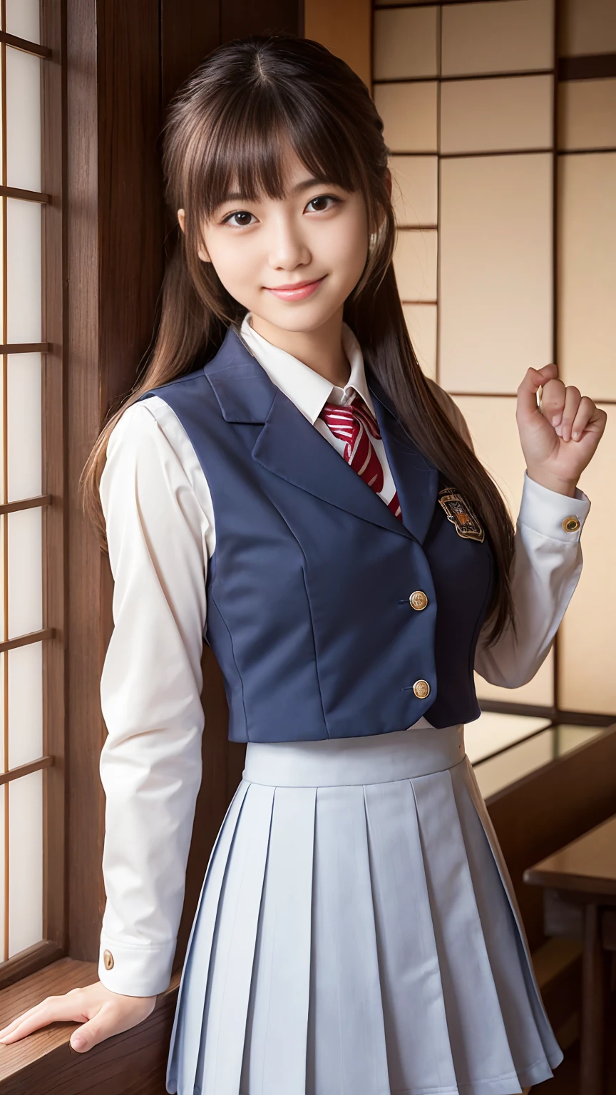 Best Quality, japanaese girl, 8K, Raw photo, top-notch quality, 1 beautiful Japanese girl, 18 years old,Japanese Idol, gals、twintails hairstyle、Curly hair、Tempting smile、Fluttering chest、tits out、Cleavage of、Emphasize、Overflow from uniform、Large breasts, (sitting on the desk:1.1), (School uniform), (Spread legs:1.2), (School classroom background:1.1)、