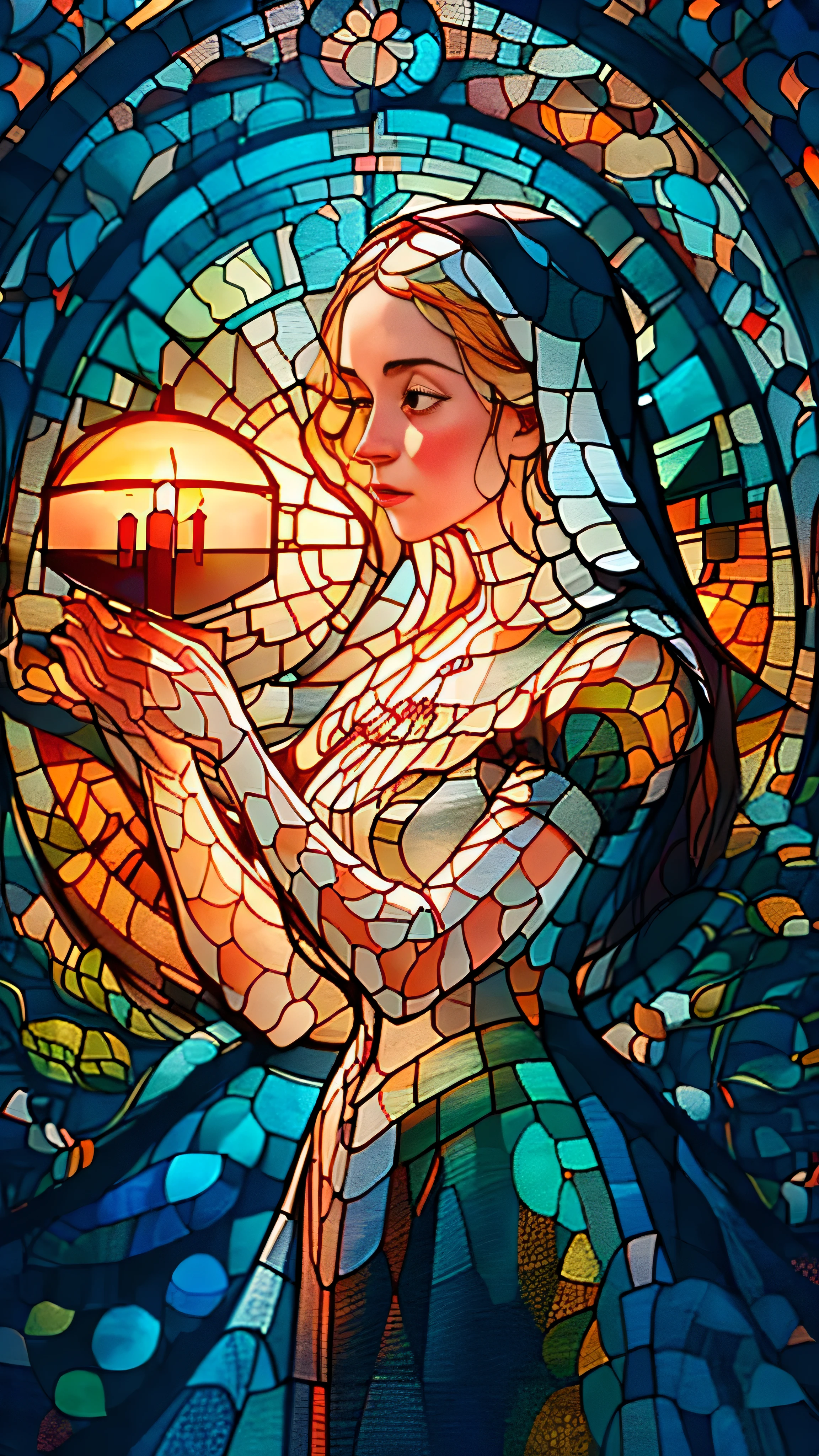 drawing of a nun on a stained glass window, in a gothic cathedral, stained glass portrait, dramatic lighting on the stained glass window, dark atmosphere, soft candlelight, minimalist composition. best quality, 8k, masterpiece: 1.2, ultra-detailed, realistic