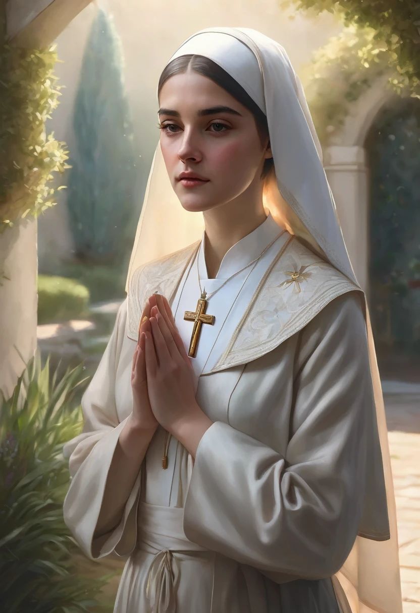 1girl, nun, dark robes, holy cross, serene expression, peaceful garden, soft sunlight, quiet atmosphere, sacred surroundings, (best quality, 4k, 8k, highres, masterpiece:1.2), ultra-detailed, painting-like, soft pastel colors, gentle lighting, aesthetic