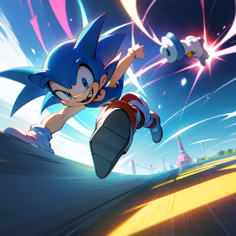 sonic fan art, anime style, dynamic posing, dynamic lighting, vibrant colors, running really fast, smirk, forced perspective