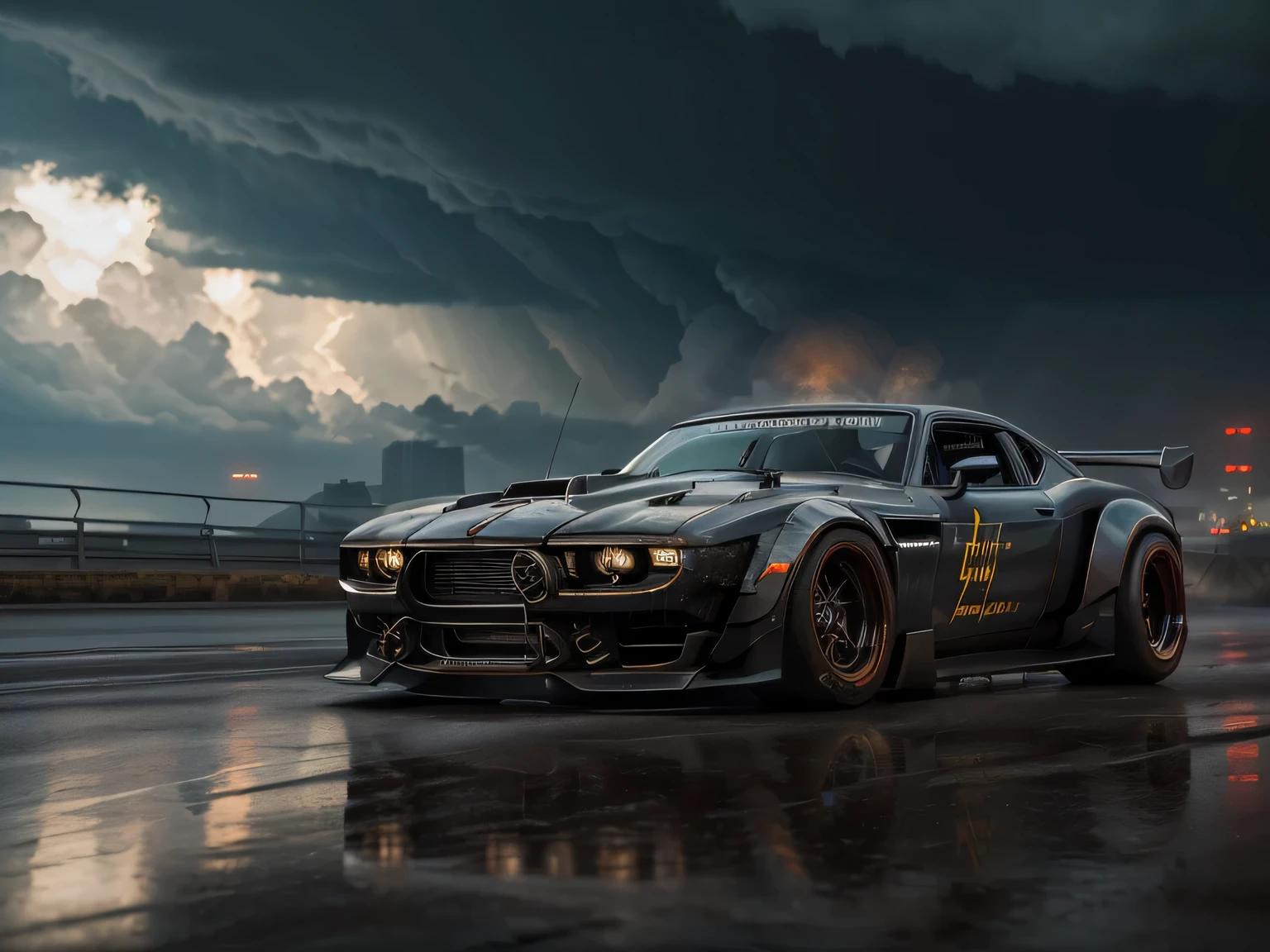 (best quality,4k,8k,highres,masterpiece:1.2),ultra-detailed,(realistic,photorealistic,photo-realistic:1.37),front view,3/4 view of ((Zeekars hotrod cyberpunk futuristic)),(with shiny tires),no train tracks ahead,with ceiling-mounted machine guns and blood red colors,concept art,night scene,dark atmosphere,heavy rain,pulsating neon lights,gritty metal textures,intricate car body design,sharp reflections,smoke and steam,ominous clouds,tall skyscrapers in the background,lightning striking the sky,sparkling sparks,electric arcs,high-tech city skyline,eerie shadows,glowing cybernetic implants on the driver's face,intense action,steering wheel covered in leather and glowing buttons,hotrod exhaust flames and smoke,dynamic composition,stormy clouds.